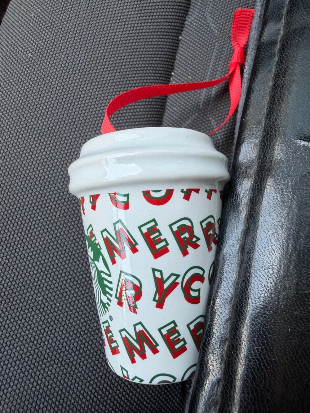 Starbucks White Ceramic Ornament with Red Ribbon and Green Logo